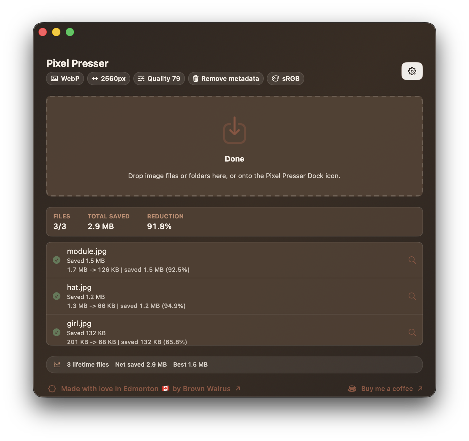 Pixel Presser app window showing image optimization settings and results